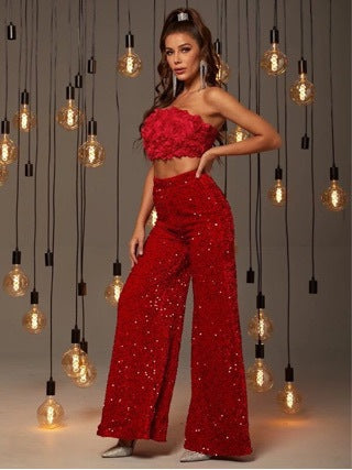 Women'S Spring Summer Casual Solid Color Sequin Mid-Waist Wide-Leg Pants