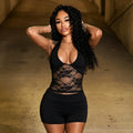 Women Summer Lace Patchwork Halter Neck Lace-Up Low Back Top & Shorts Set