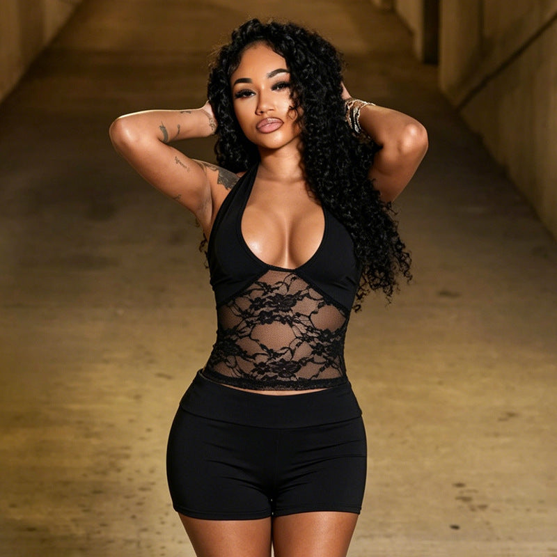 Women Summer Lace Patchwork Halter Neck Lace-Up Low Back Top & Shorts Set