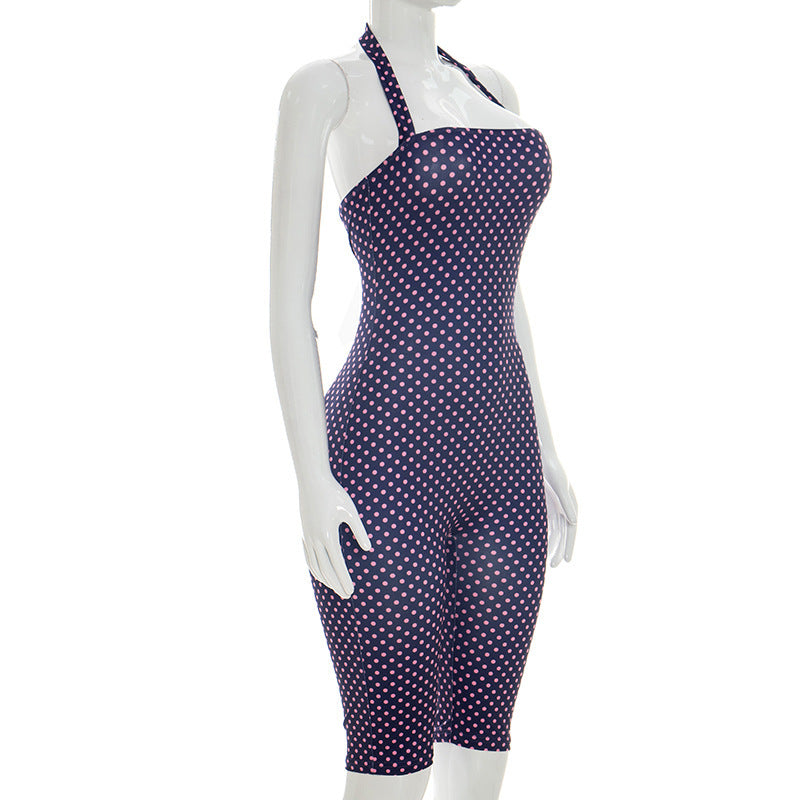 Women Spring Summer Polka Dot Sleeveless Halter Neck Cropped Jumpsuit