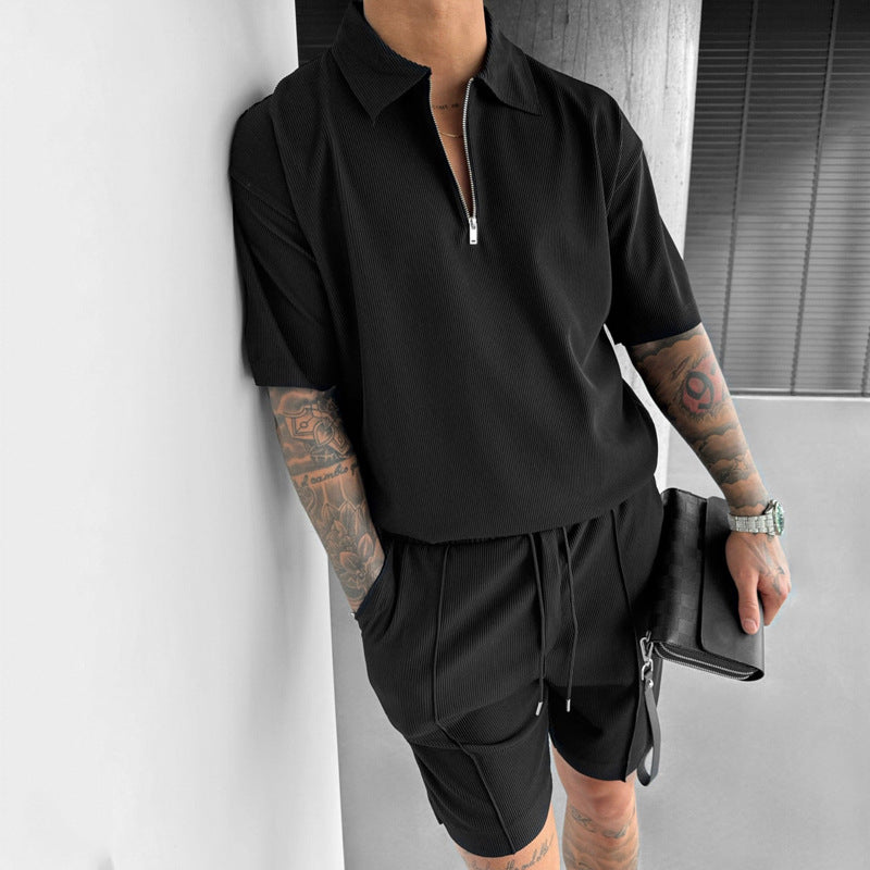 Men's Zipper Polo & Shorts Set - Summer Two-Piece Outfit