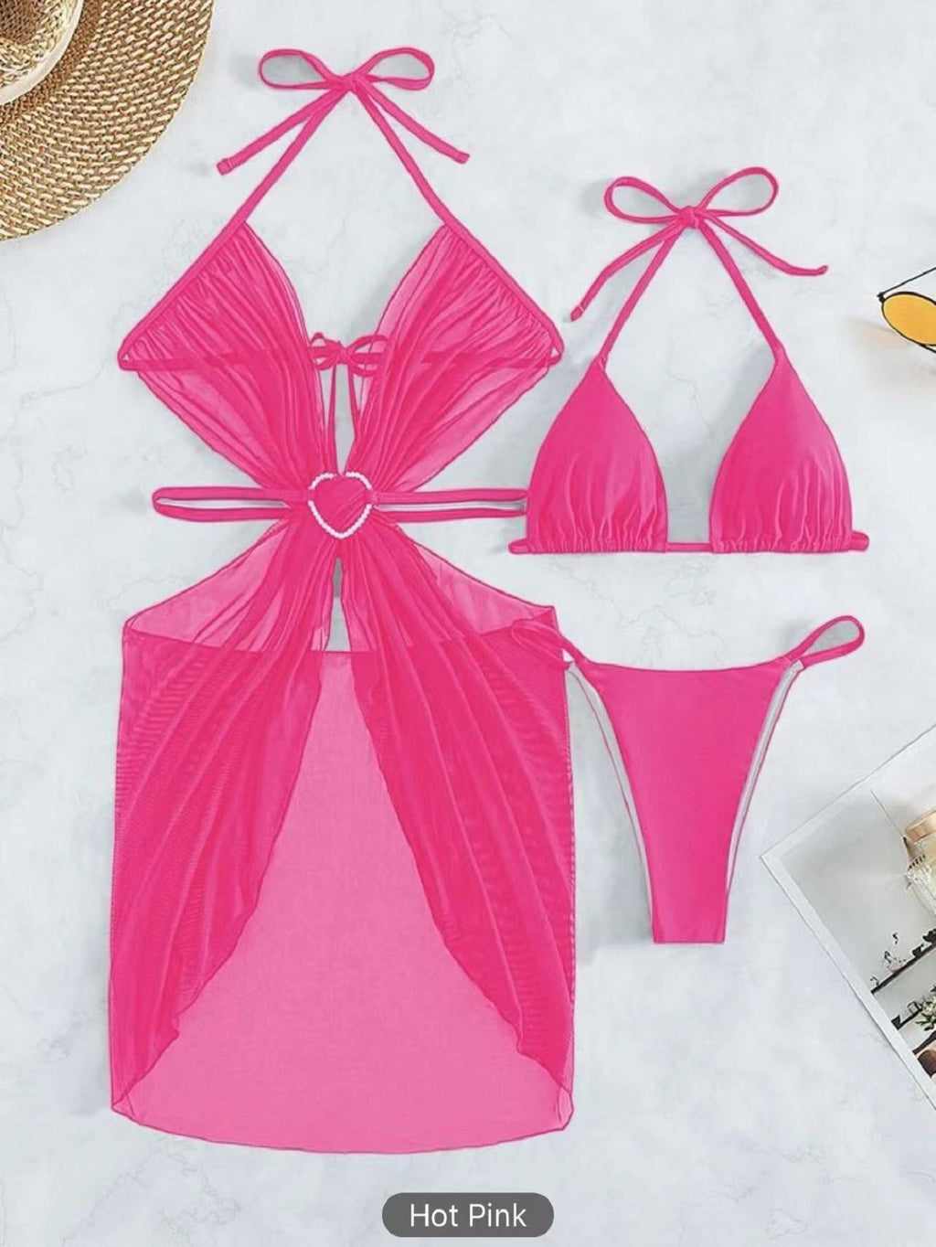 Women's 3-Piece Halter Neck Bikini Set - Solid Color Split Swimsuit