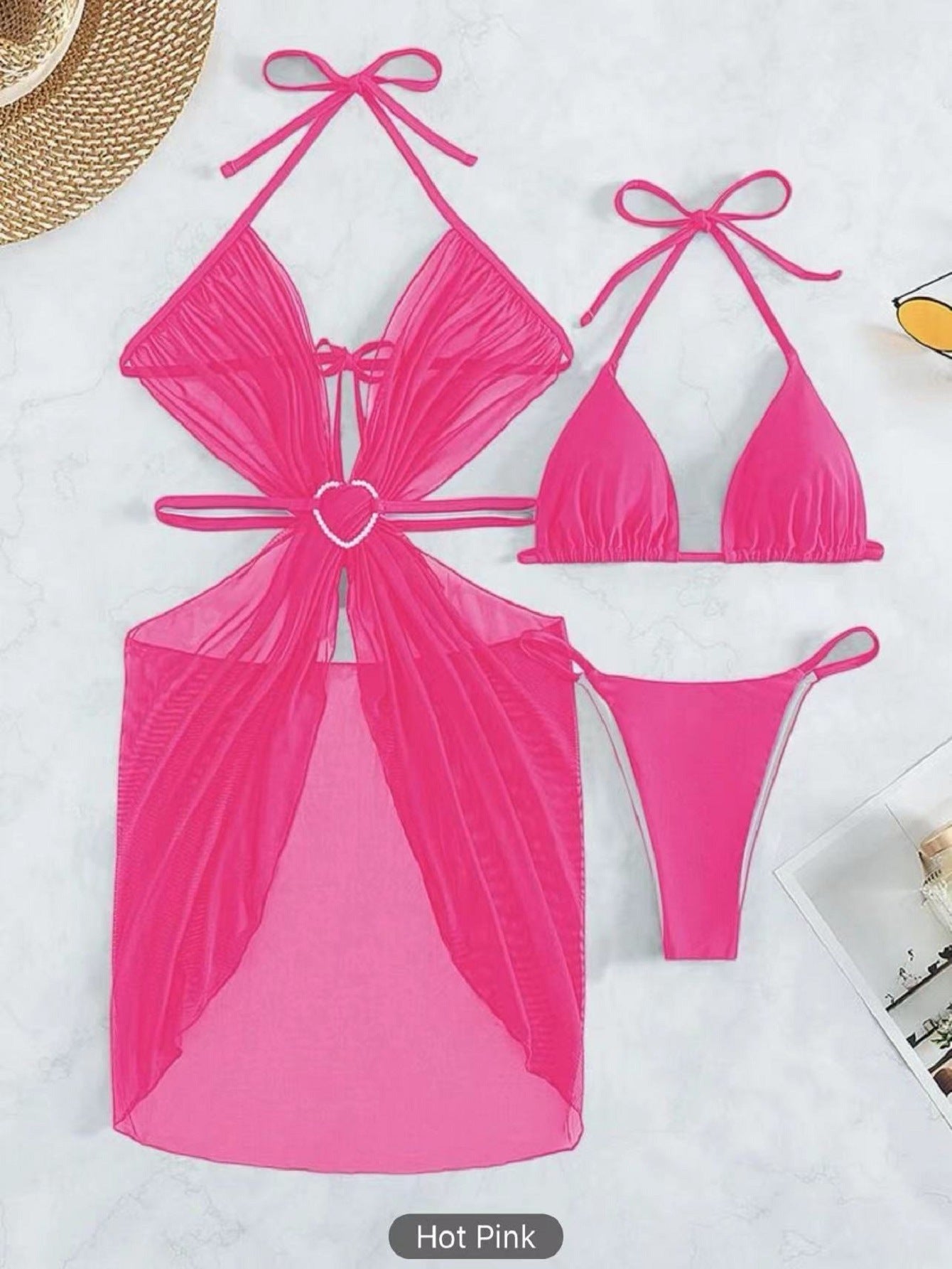 Women's 3-Piece Halter Neck Bikini Set - Solid Color Split Swimsuit
