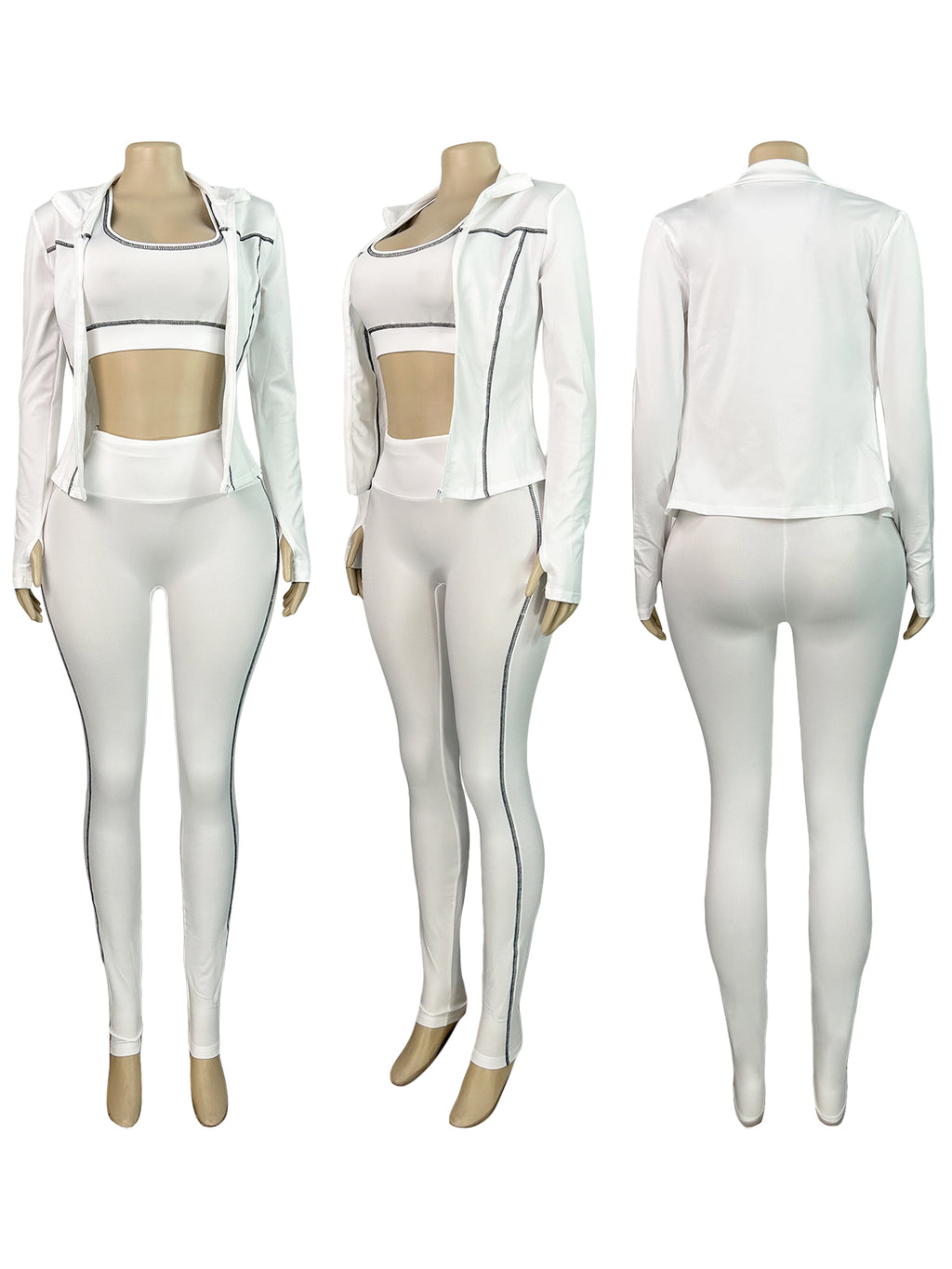 Women Zippered Thumb-Sleeve Long-Sleeved Top And Pants Three-Piece Set