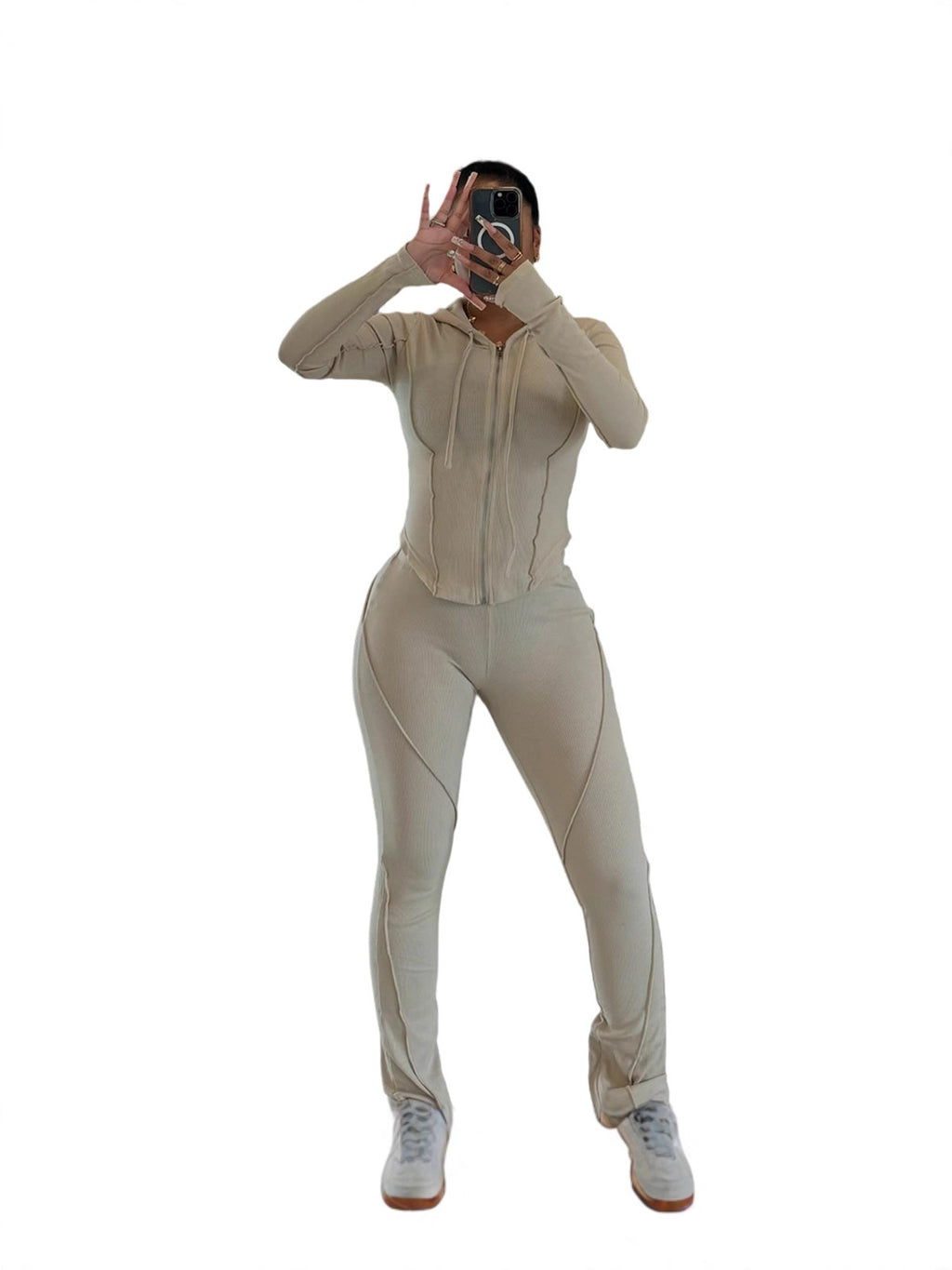 Women Autumn/Winter Ribbed Patchwork Casual Top And Pant Two-Piece Set