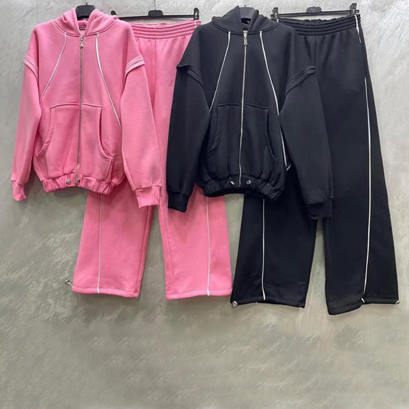 Women Contrast Zipper Hoodies And Pants Two-Piece Set