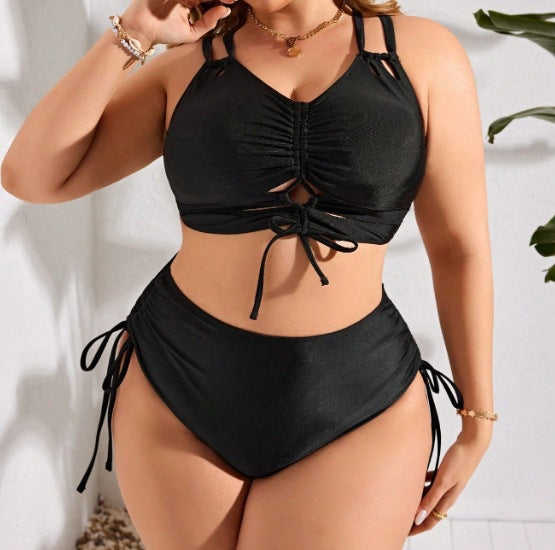 Plus Size Women Drawstring High Waist Hollow Out Two-Piece Swimsuit