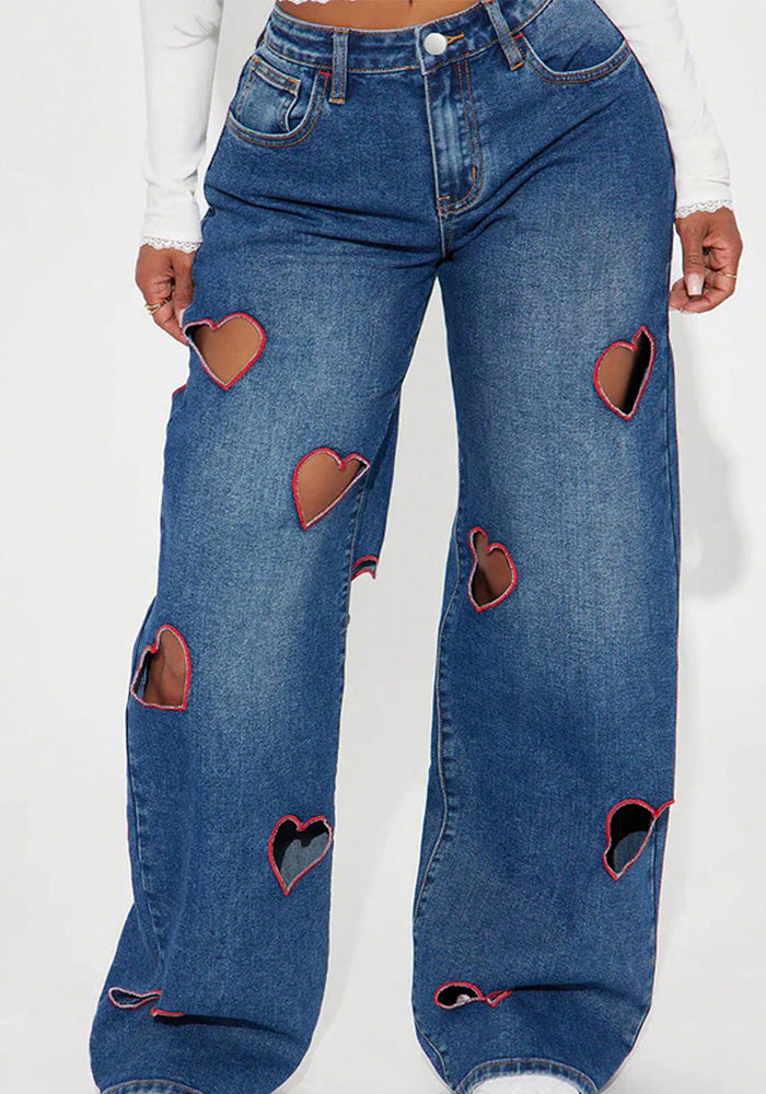 Women Denim American Style Hollow-out Heart Print Embroidered Wide-leg Pants