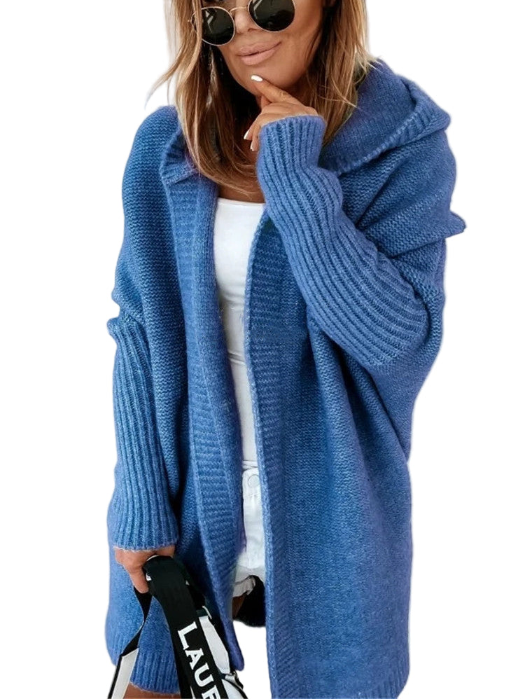 Women's Knitted Hooded Cardigan - Loose Batwing Sleeve Sweater