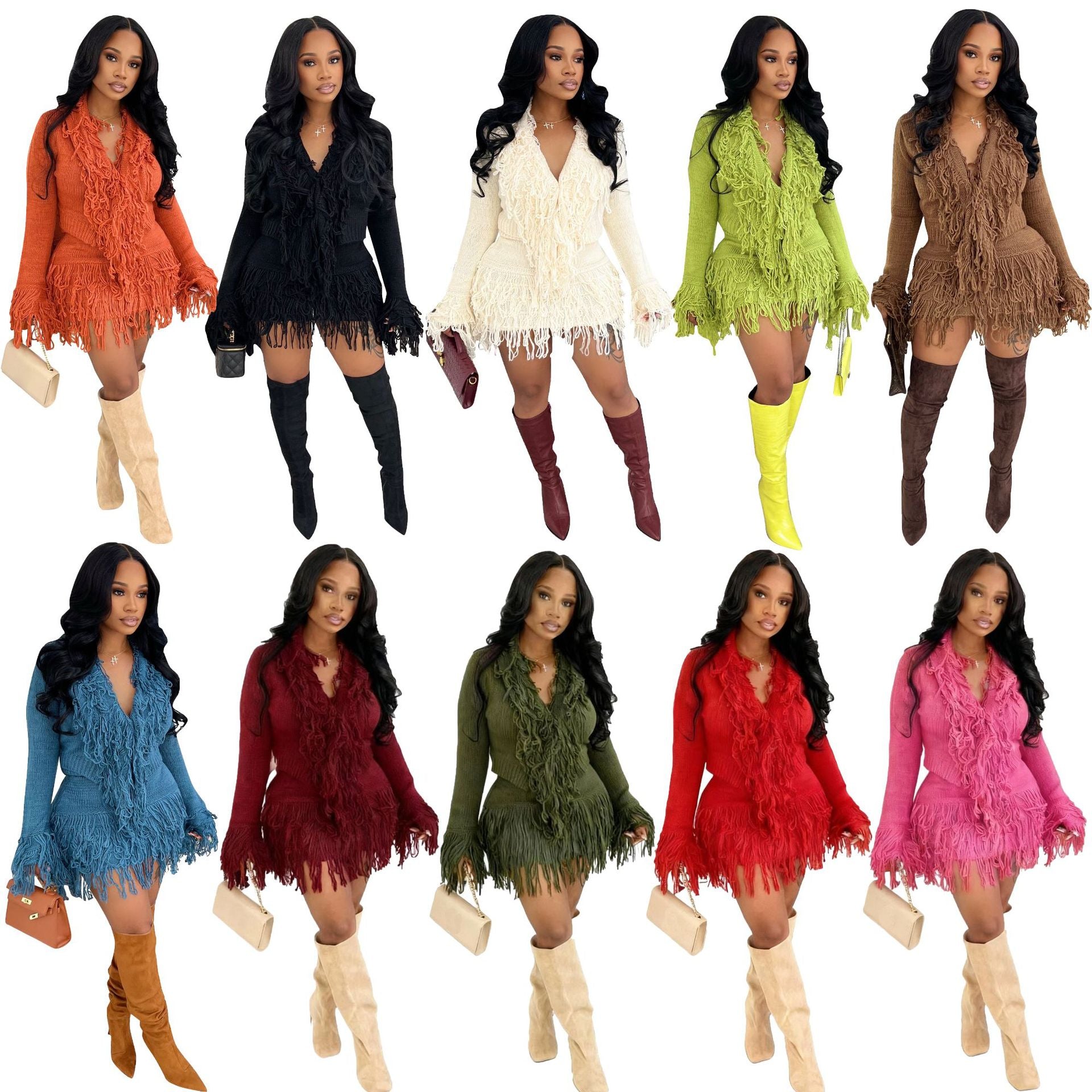 Autumn & Winter Knitted Crochet Fringe Lace-Up Long Sleeve Bodycon Skirt Set