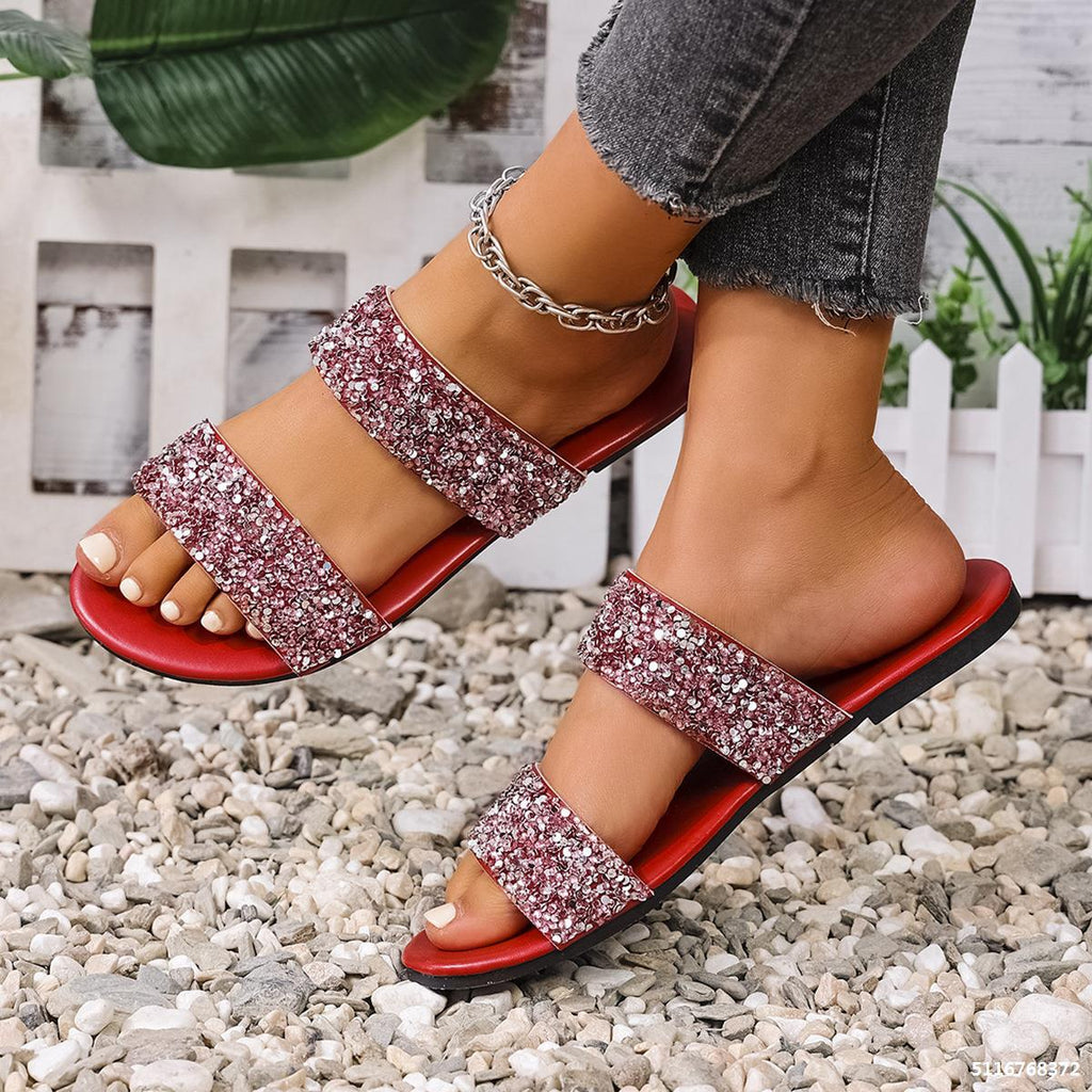 Plus Size Women Summer Rhinestone Casual Beach Slides