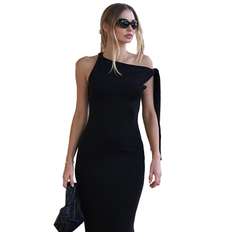 Women's One-Shoulder Ribbon Long Dress - Elegant Formal Gown