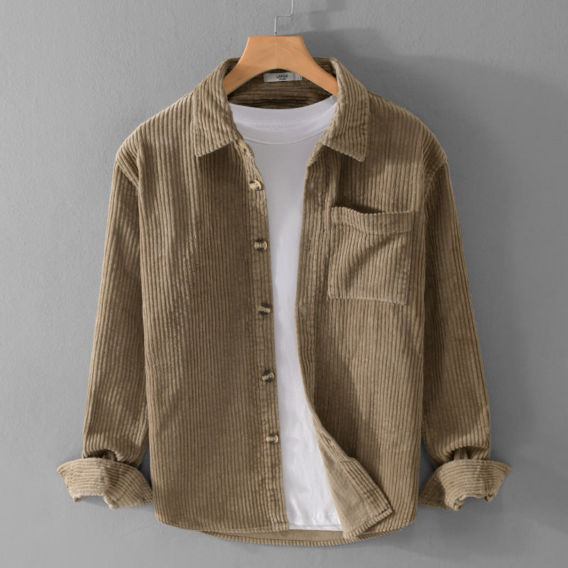 Men's Winter Corduroy Shirt with Pocket - Lapel Button Long Sleeve Top