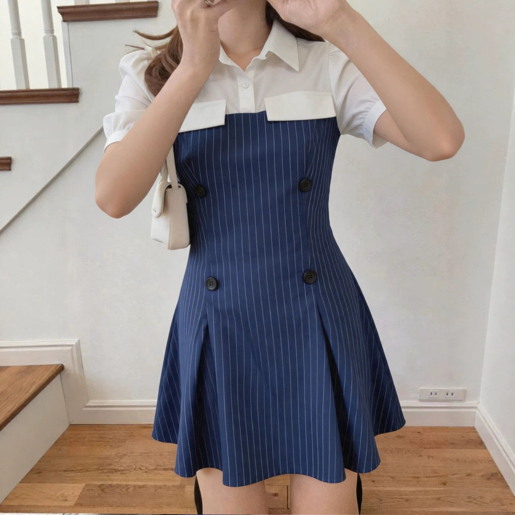 Spring Summer Women Striped Patchwork Slim Waist A-Line Shirt Dress