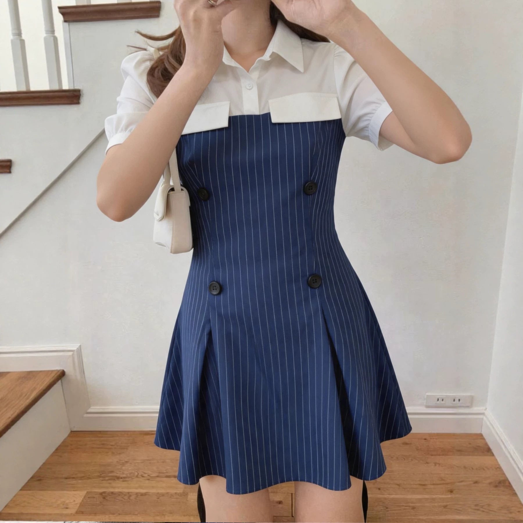 Spring Summer Women Striped Patchwork Slim Waist A-Line Shirt Dress