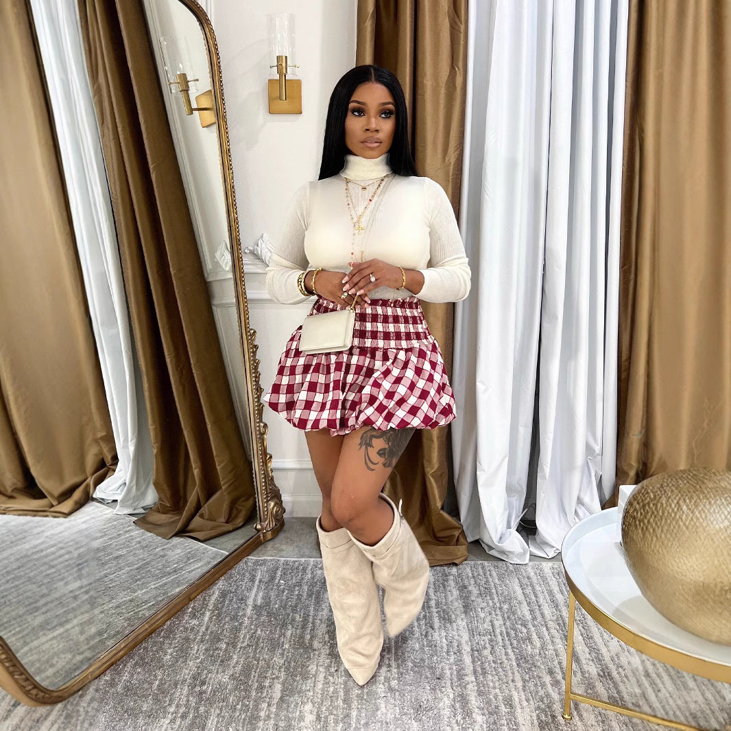 Women Classic Plaid Flower Bud Skirt