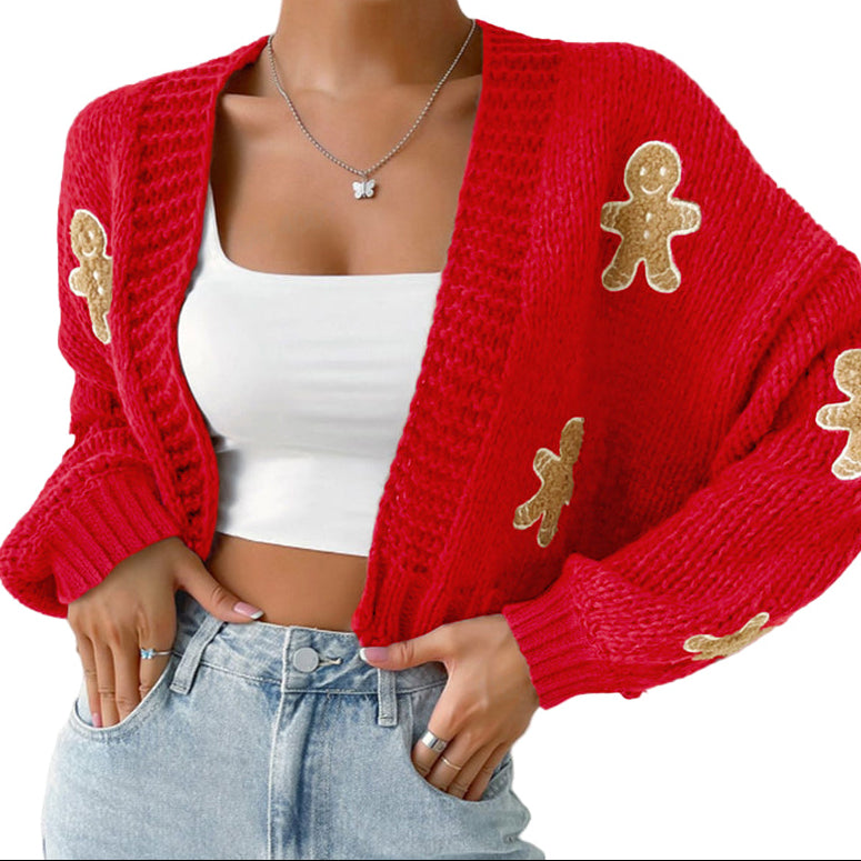 Gingerbread Man Knit Cardigan - Women's Solid V-Neck Ribbed Cuffed Short Sweater, Casual Spring Autumn Polyester Top