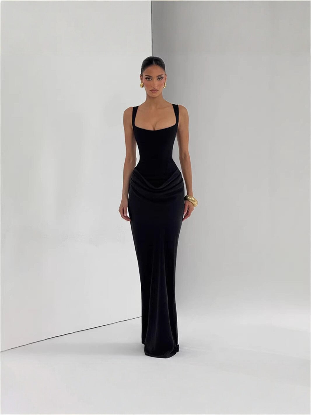 Women Spring Color Square Neck Sleeveless Patchwork Pleated Sexy Bodycon Dress