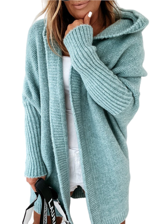 Women's Knitted Hooded Cardigan - Loose Batwing Sleeve Sweater
