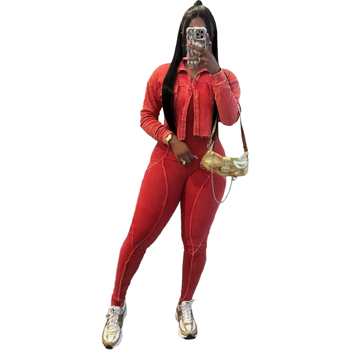 Fashion Women'S Solid Color Tight Slim Jumpsuit Coat Casual Two-Piece Set