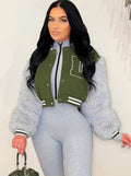 Winter Fashion Green Letter Fake Fur Long Sleeve Zipper Baseball Jacket