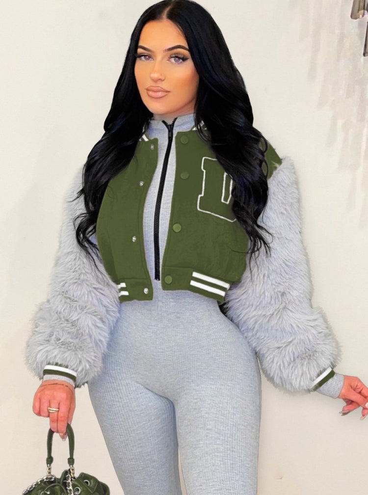Winter Fashion Green Letter Fake Fur Long Sleeve Zipper Baseball Jacket