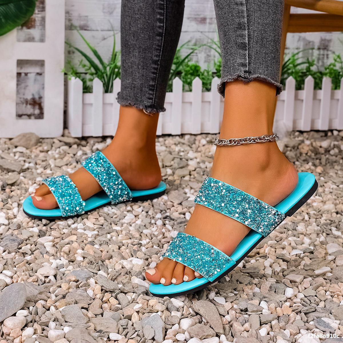 Plus Size Women Summer Rhinestone Casual Beach Slides