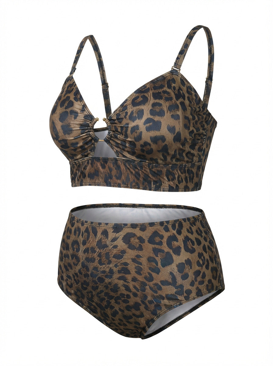 Plus Size Women Leopard Print Two-Piece High Waist Hollow Out Metal Ring Bikini Swimsuit