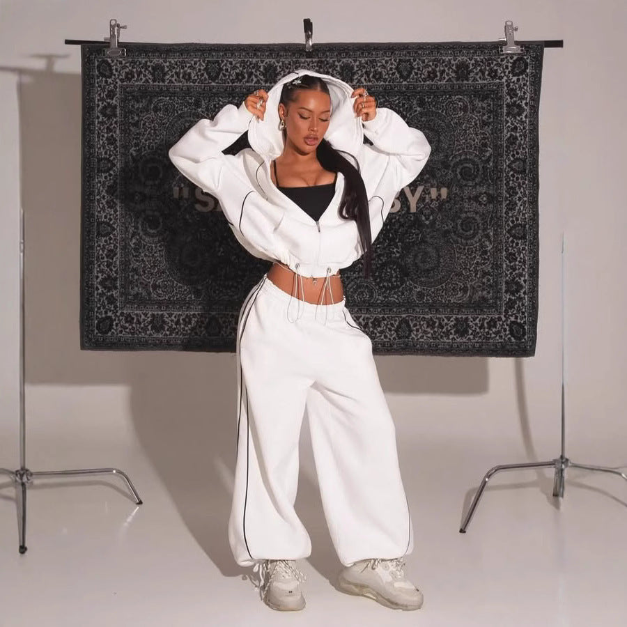 Women Contrast Zipper Hoodies And Pants Two-Piece Set
