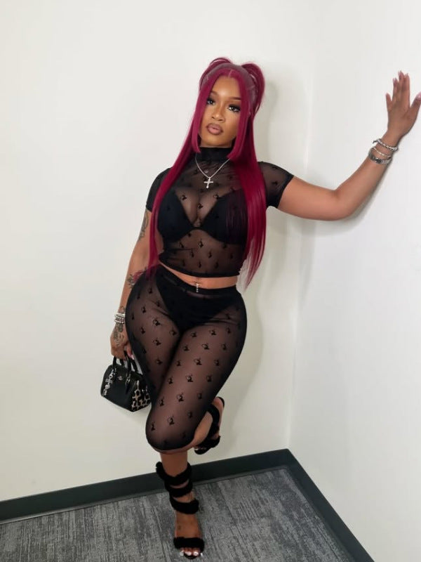 Women's Sexy Flocked Sheer Mesh Two-Piece Fashion Shorts Set