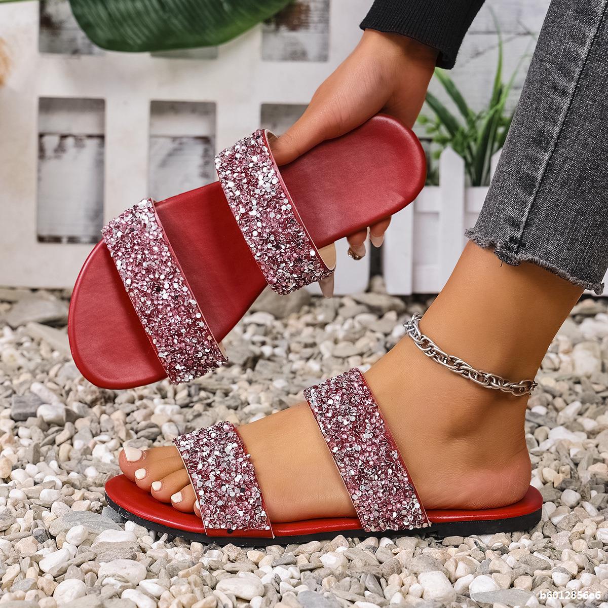 Plus Size Women Summer Rhinestone Casual Beach Slides