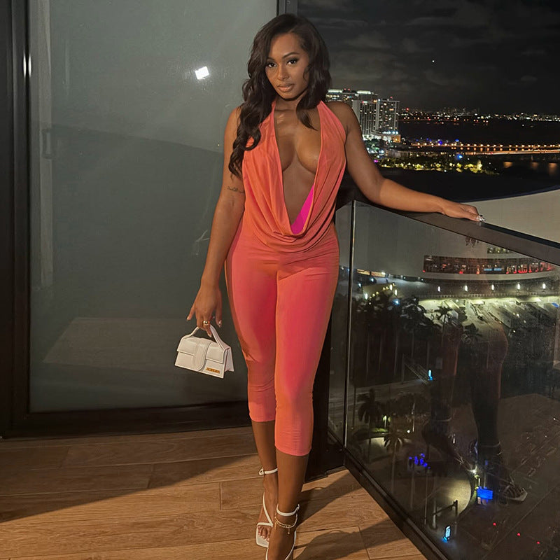 Women Fitted Cowl Neck Halter Neck Low Back Top Tight Fitting Capri Pants Two-Tone Set