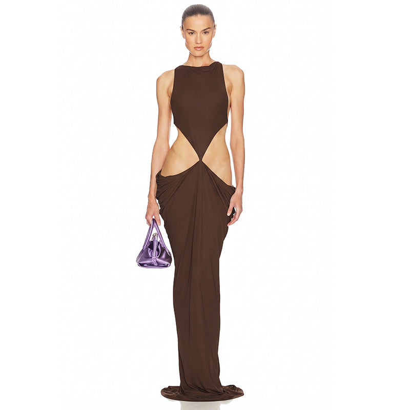 Women Summer Sexy Solid Color Sleeveless Low Back RuchedLong Dress