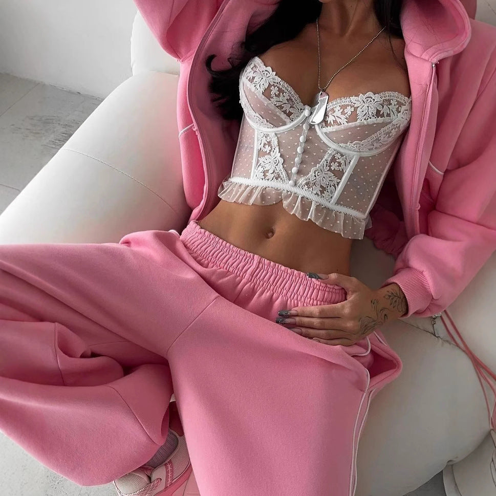 Women Contrast Zipper Hoodies And Pants Two-Piece Set