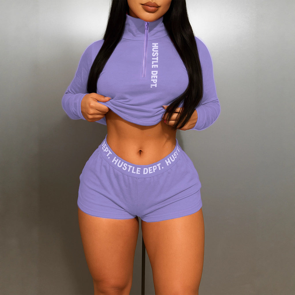 Women Stand Collar Long Sleeve Top And Shorts Two-Piece Set