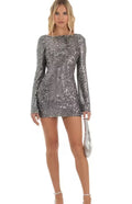 Women's Square Neck Long Sleeve Sequin Dress