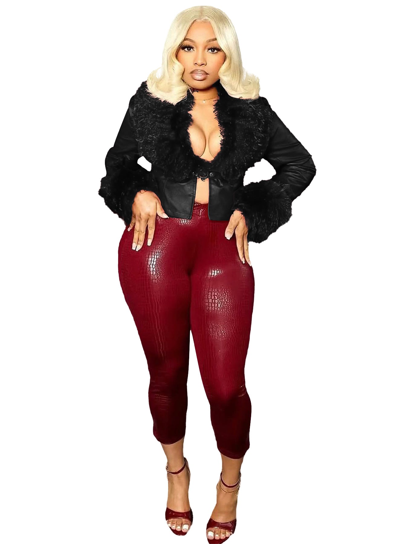 Women Furry V-Neck Button-Up Pu-Leather Jacket Top