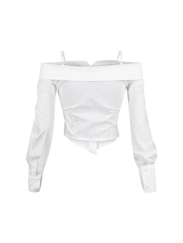 Women Turndown Collar Shirt Long-Sleeved Off-Shoulder Shirt