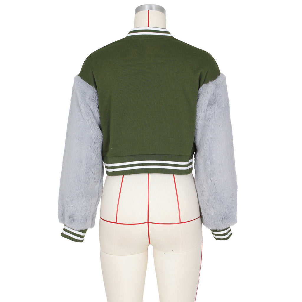 Women's Letter Faux Fur Zip Baseball Jacket