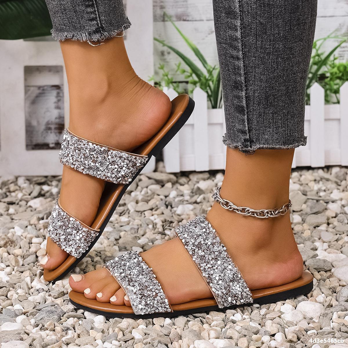 Plus Size Women Summer Rhinestone Casual Beach Slides
