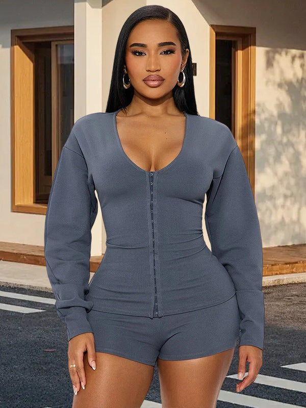 Sexy Casual V-Neck Long Sleeve Tight Fitting Solid Top And Shorts Set