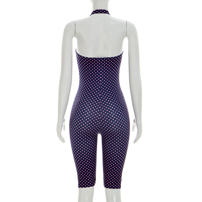 Women Spring Summer Polka Dot Sleeveless Halter Neck Cropped Jumpsuit