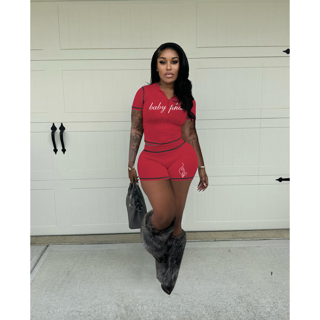 Summer Women High-Stretch Zip Hooded Casual Short Sleeve Top Shorts Two-Piece Set