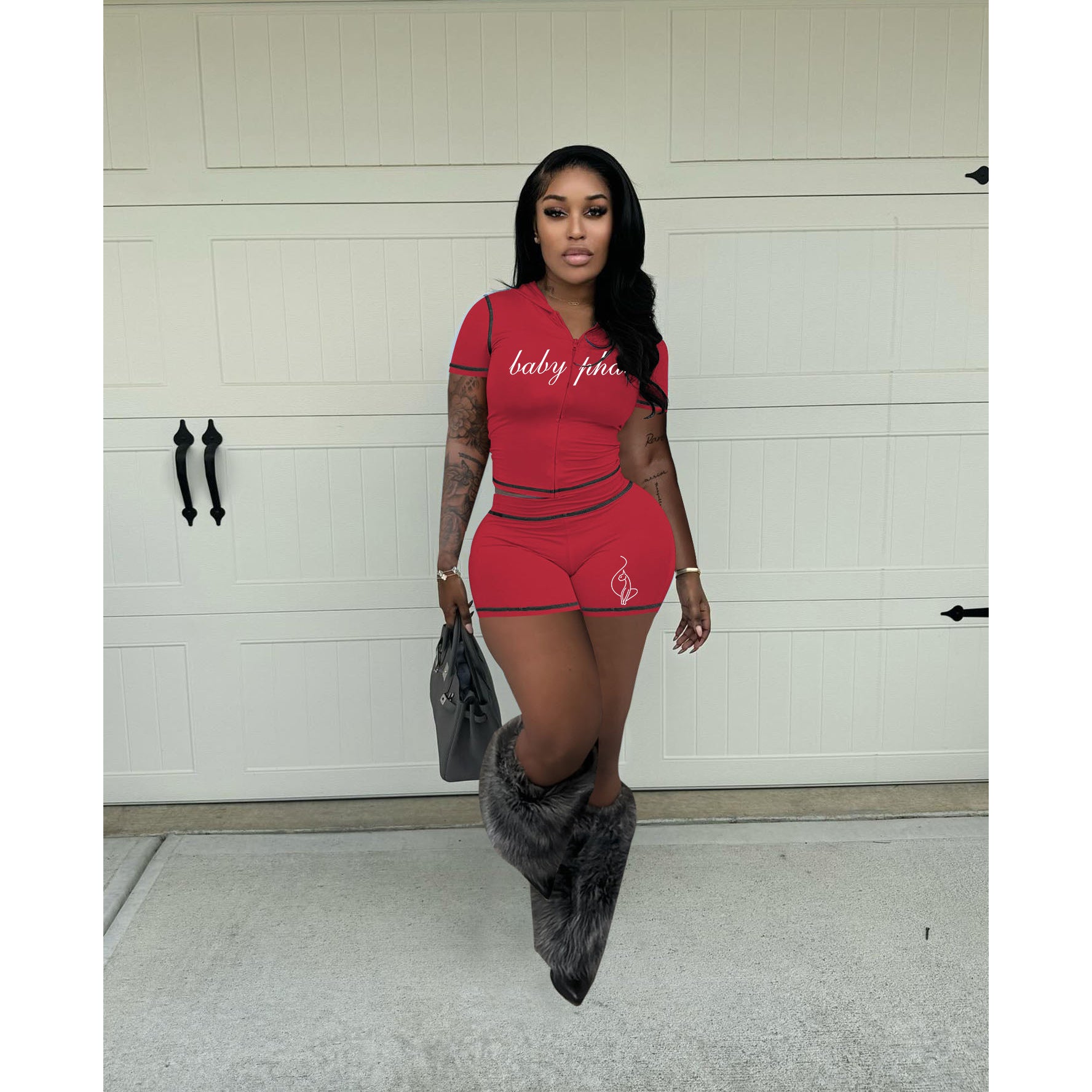 Summer Women High-Stretch Zip Hooded Casual Short Sleeve Top Shorts Two-Piece Set