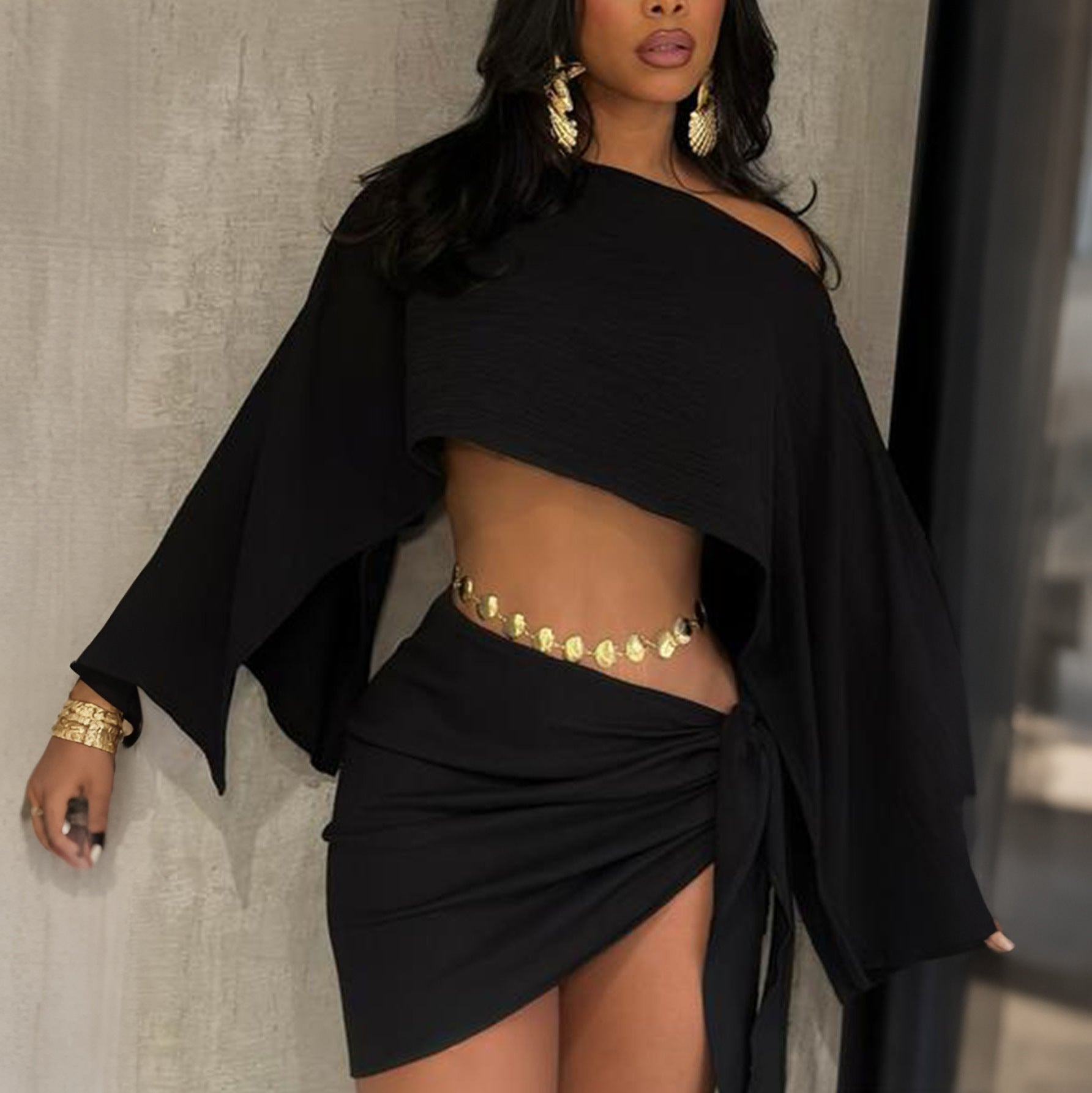 Women Elegant Slash Shoulder Top Lace-Up Bodycon Mini Skirt Set