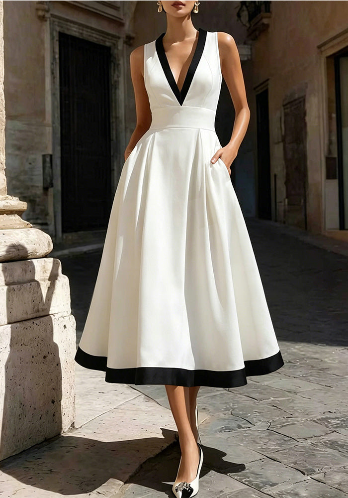 Summer Women's Color-Block V-Neck Slim Waist Solid Chic Elegant Long Dress