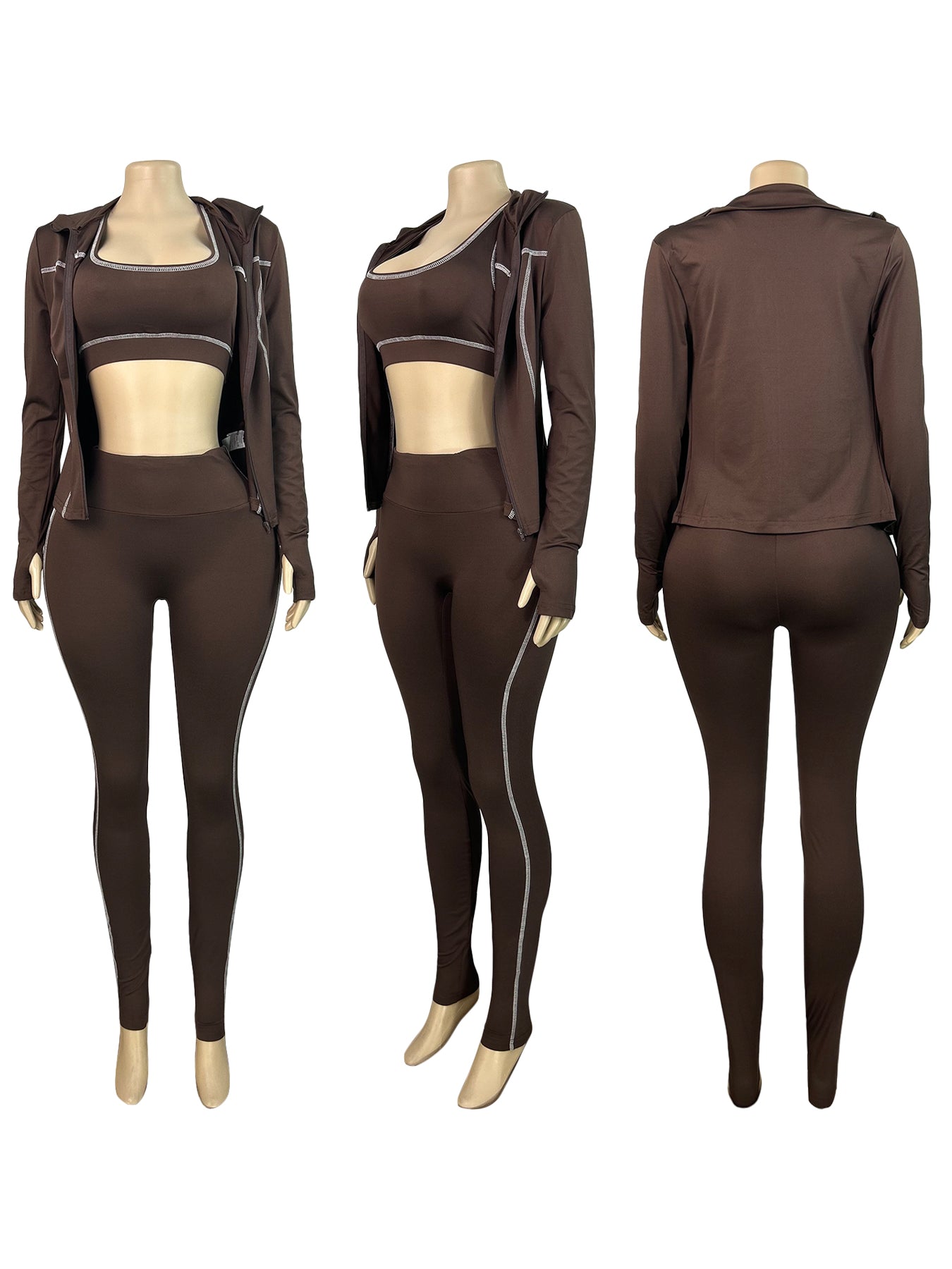 Women Zippered Thumb-Sleeve Long-Sleeved Top And Pants Three-Piece Set