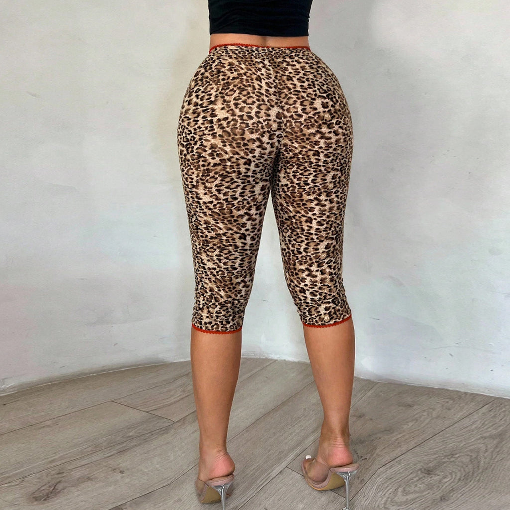 Women Casual High Waist Fitted Leopard Print Capri Pants