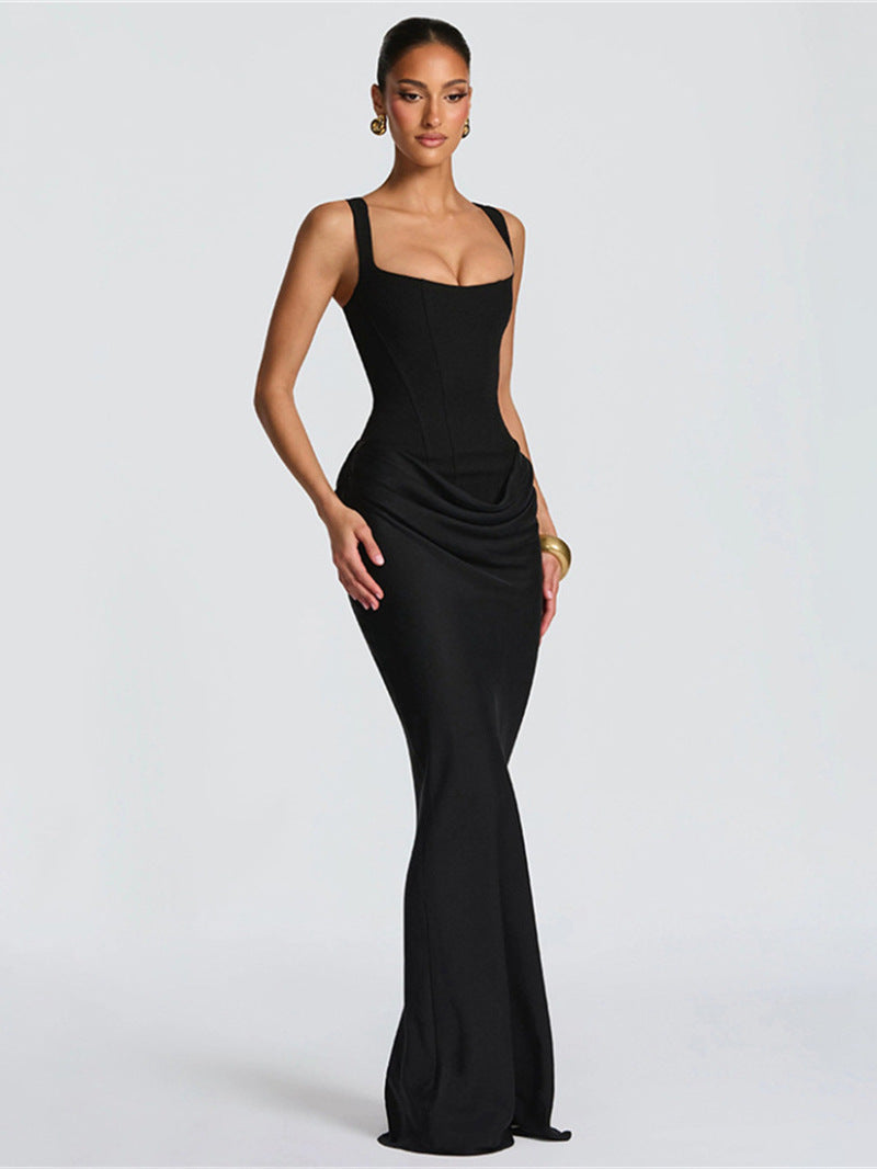 Women Spring Color Square Neck Sleeveless Patchwork Pleated Sexy Bodycon Dress