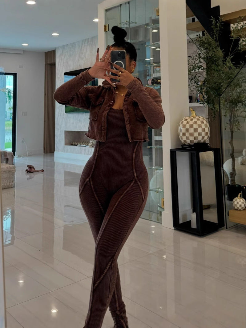 Fashion Women'S Solid Color Tight Slim Jumpsuit Coat Casual Two-Piece Set